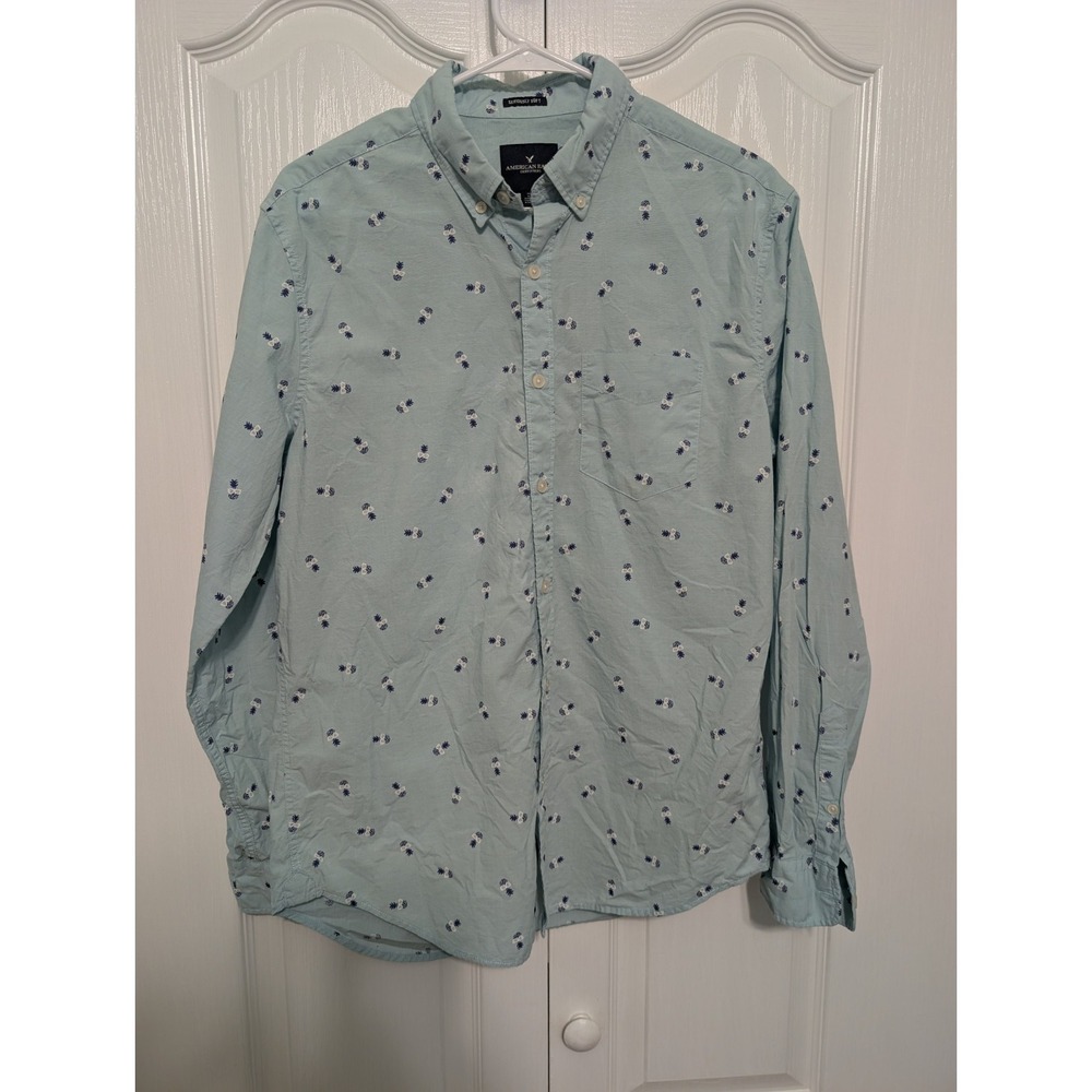 American Eagle Outfitters Mens Button Down Shirt Green Pineapples Long Sleeve M